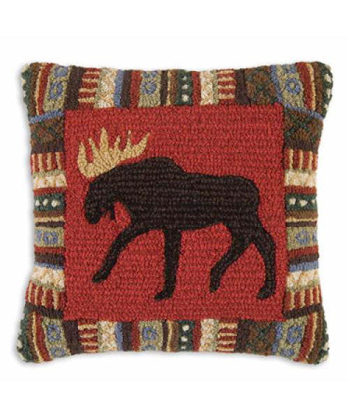 Wool Hooked Cinnamon Moose Pillow